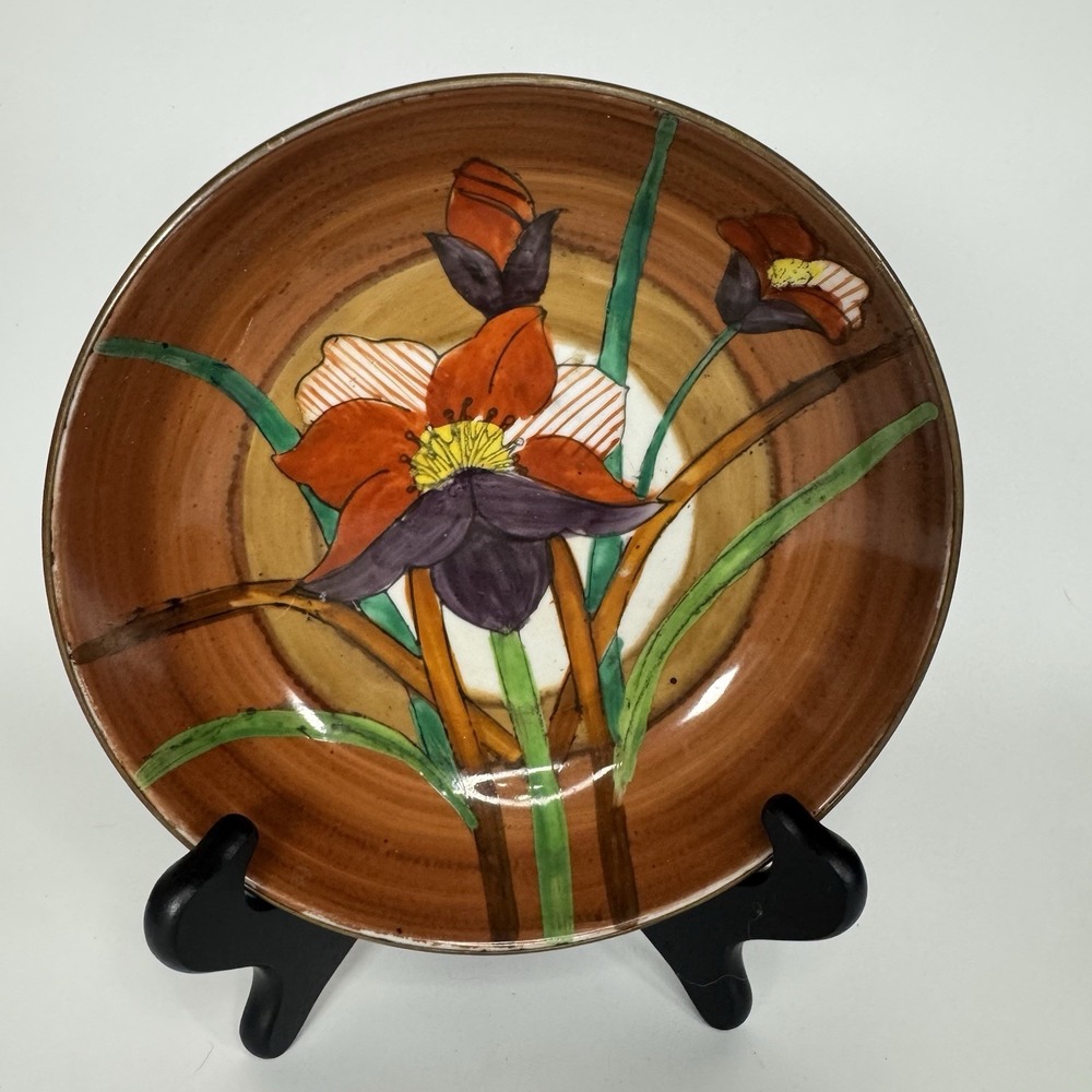 Vintage Hand Painted Orchid Brass Backed Bowl Display Wall Mounted 1920s